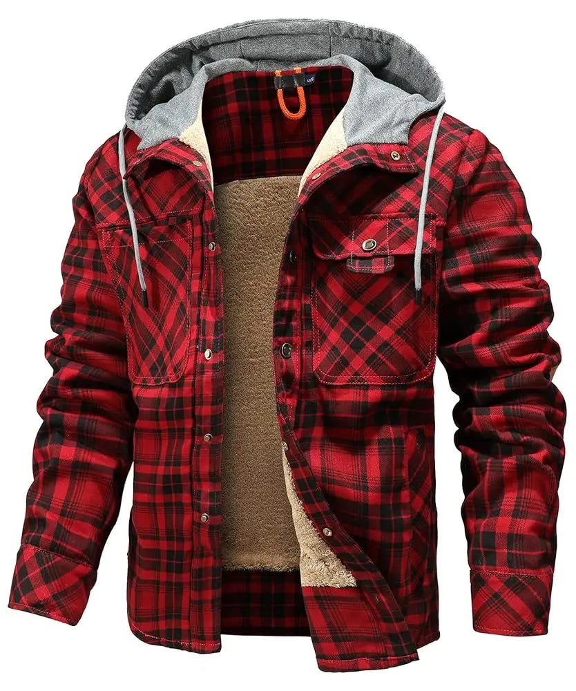 Fujian Men Winter Hooded Plaid Sherpa Lined Jacket