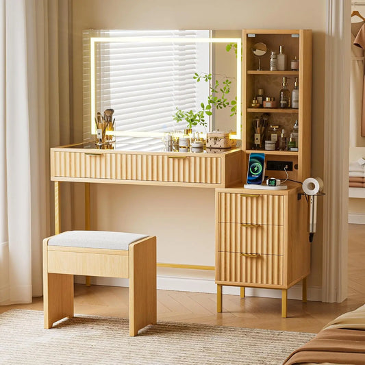 48" Fluted Makeup Vanity Desk with 36" Mirror and Light,Glass Top Wooden Vanity Table with Charging Station,5, Customized