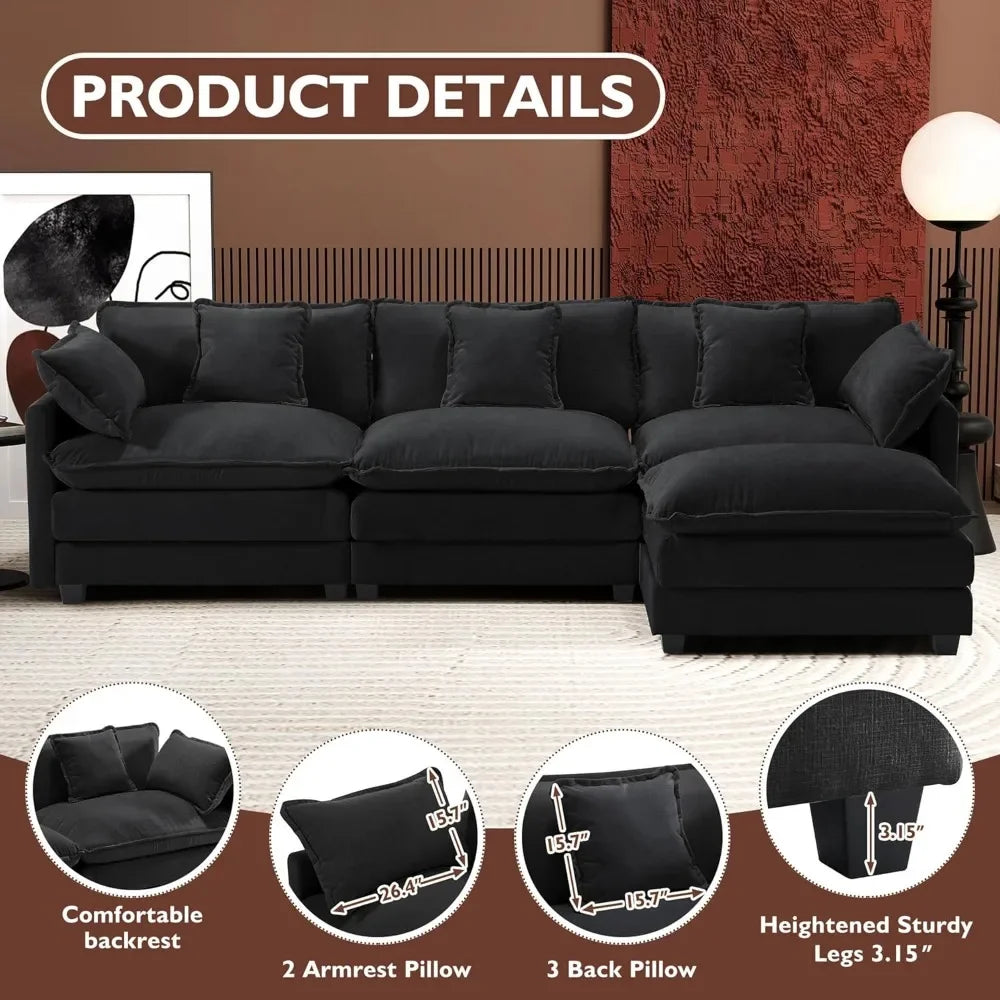 Modular L-Shaped Chenille Cloud Sectional Sofa 4-Seater With Ottoman Modern Living Room Furniture