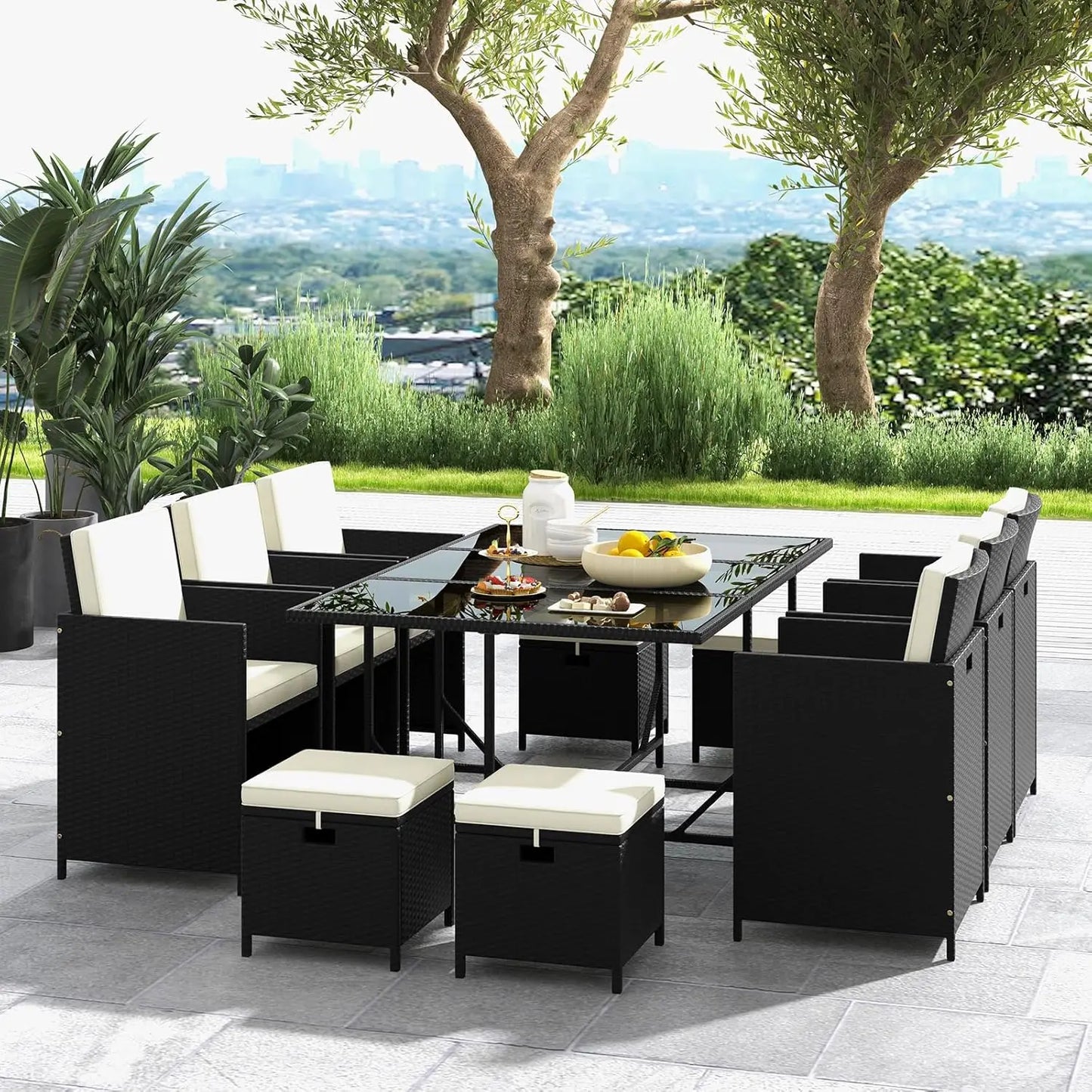 11 Pieces Patio Dining Set With Space Saving Wicker Chairs Ottomans And Tempered Glass Table