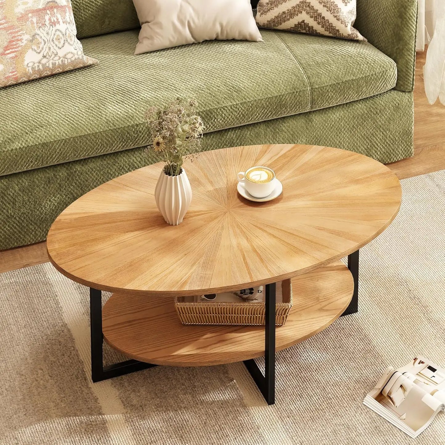 Solid Wood Oval Coffee Table With Cross Metal Legs