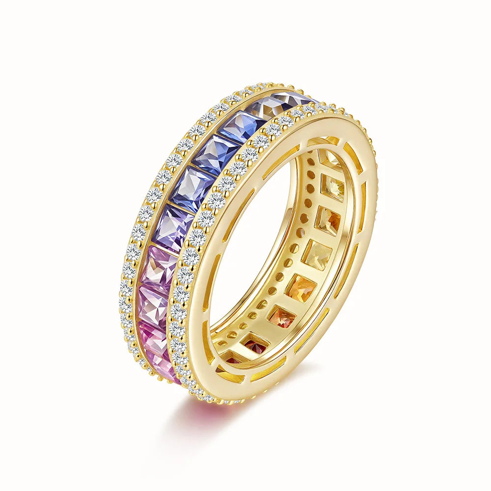 Multi-Color Moissanite Eternity Ring, 3*3MM D-Color Gemstone S925 Silver 18K Gold Plated, 5A Zircon Women Fashion Engagement Sta