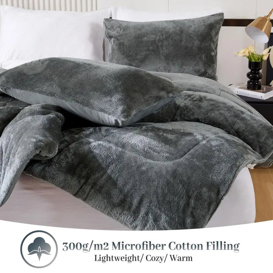Faux Fur Comforter Set 100 Percent Cotton Ultra Soft Plush Bedding for Winter Cozy All Season