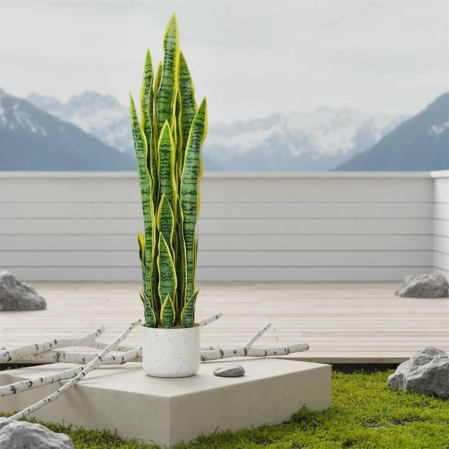 HiMISSCN Artificial Sansevieria Snake Plant In White Planter For Modern Home Office Decor No Maintenance