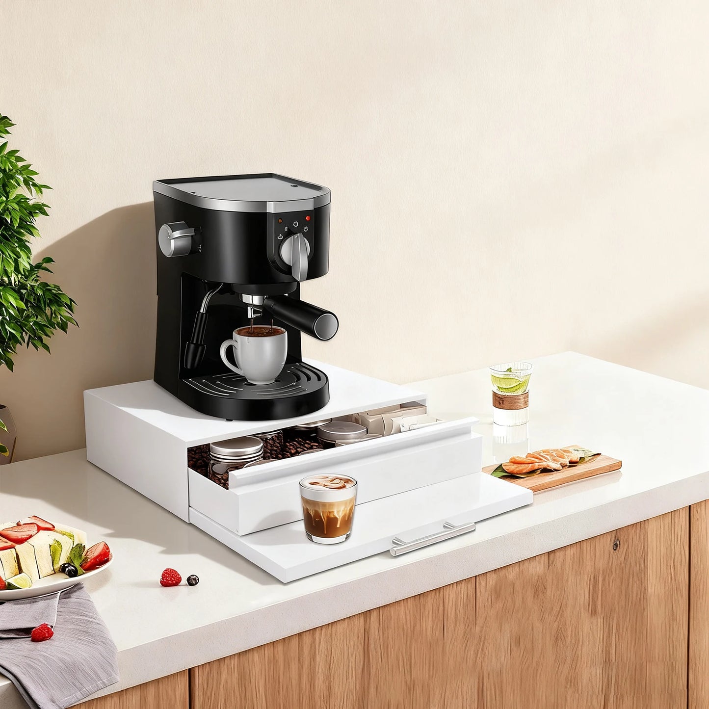 Microwave Rack, Microwave Stand with Pull-out Drawer & Shelf, Countertop Organizer for Microwaves, Coffee Machine Storage