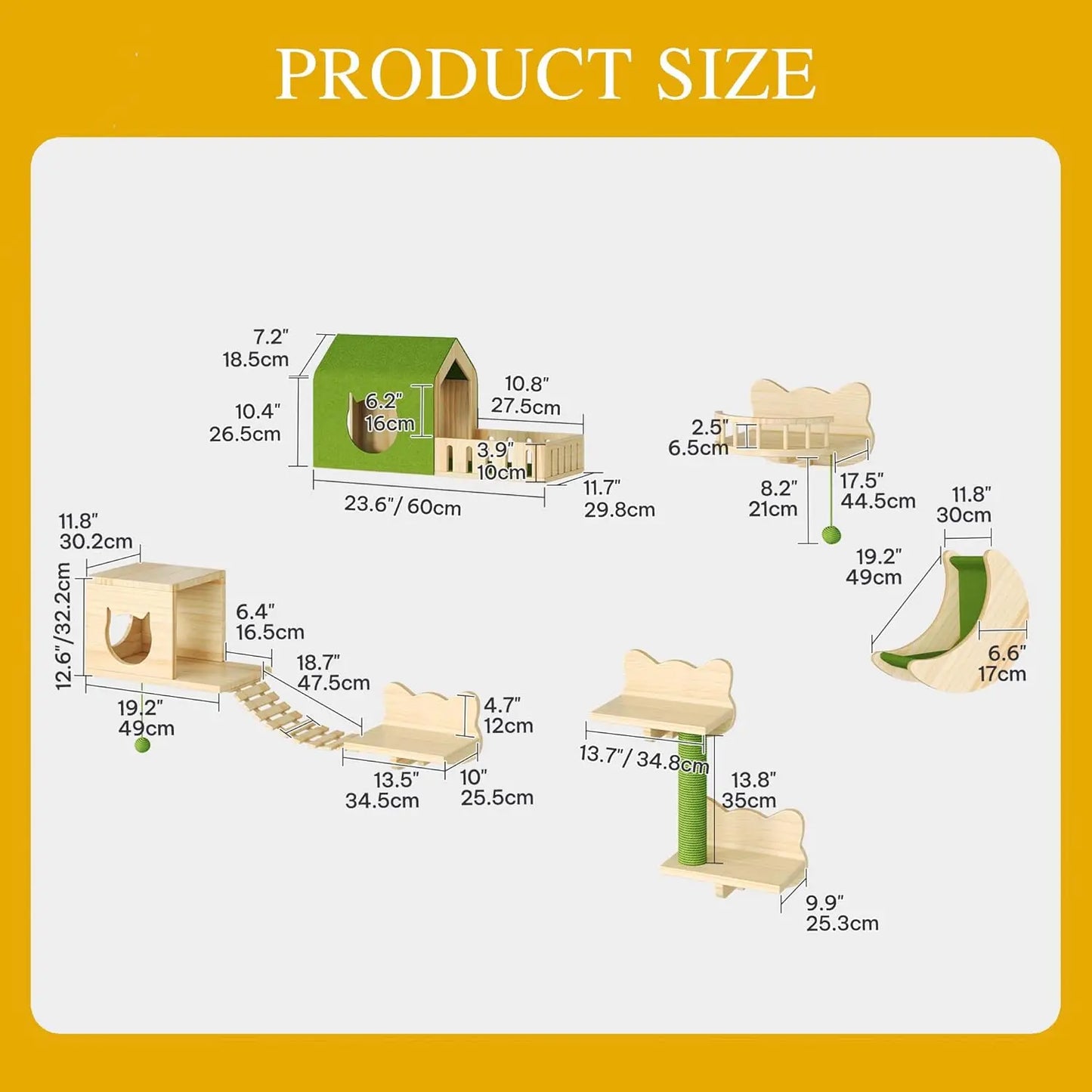 Solid Wood Cat Wall Shelves Set with Climbing Perches, Steps, Bridge Ladder and Scratching Posts for Large Cats