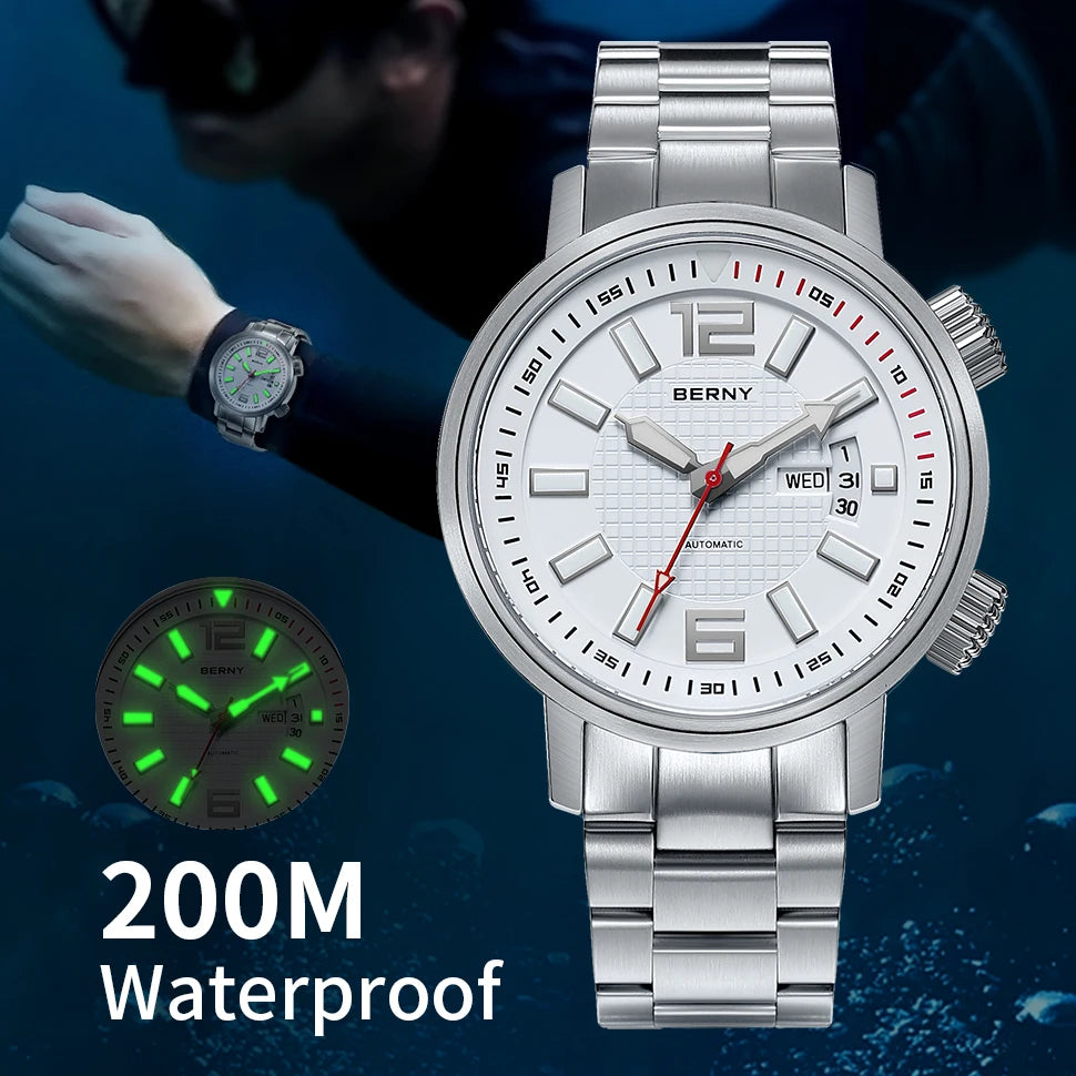 BERNY Automatic Diver Watch 20ATM For Men Miyota 8205 Sapphire