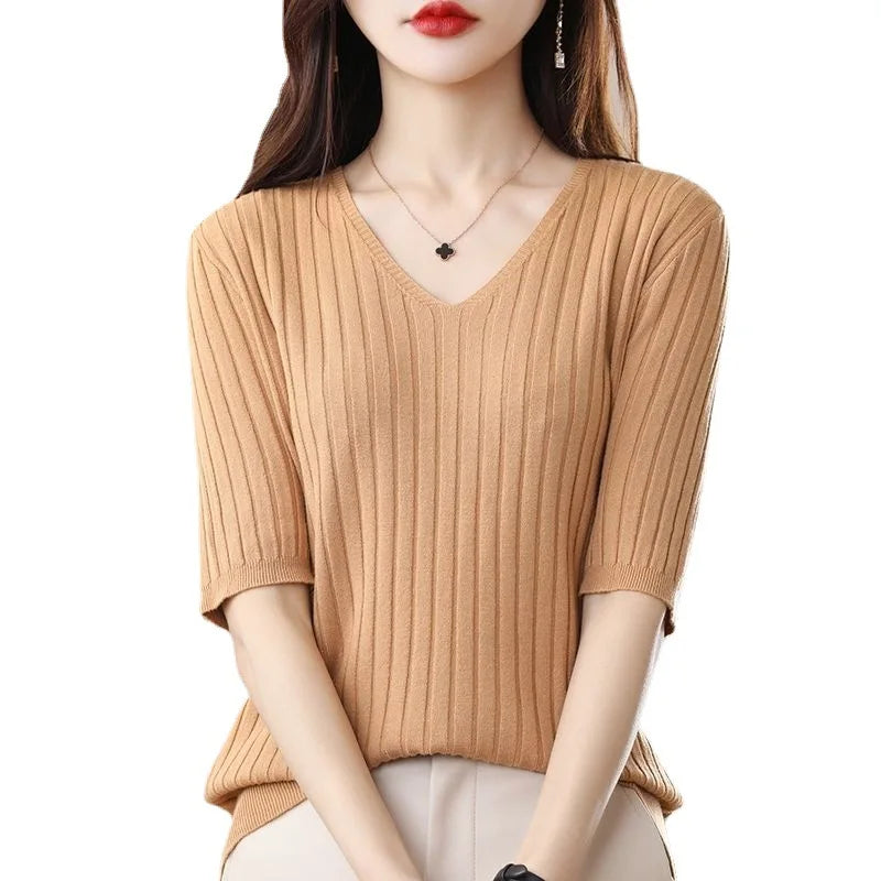 Women's Cashmere Knit V Neck Short Sleeve Pullover Sweater