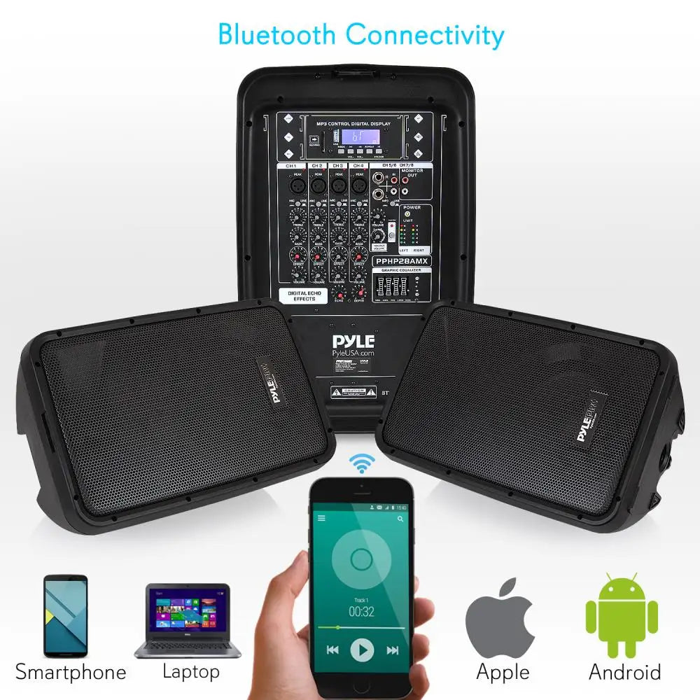 Pyle PA Speaker DJ Mixer Bundle 300W Portable Bluetooth System
