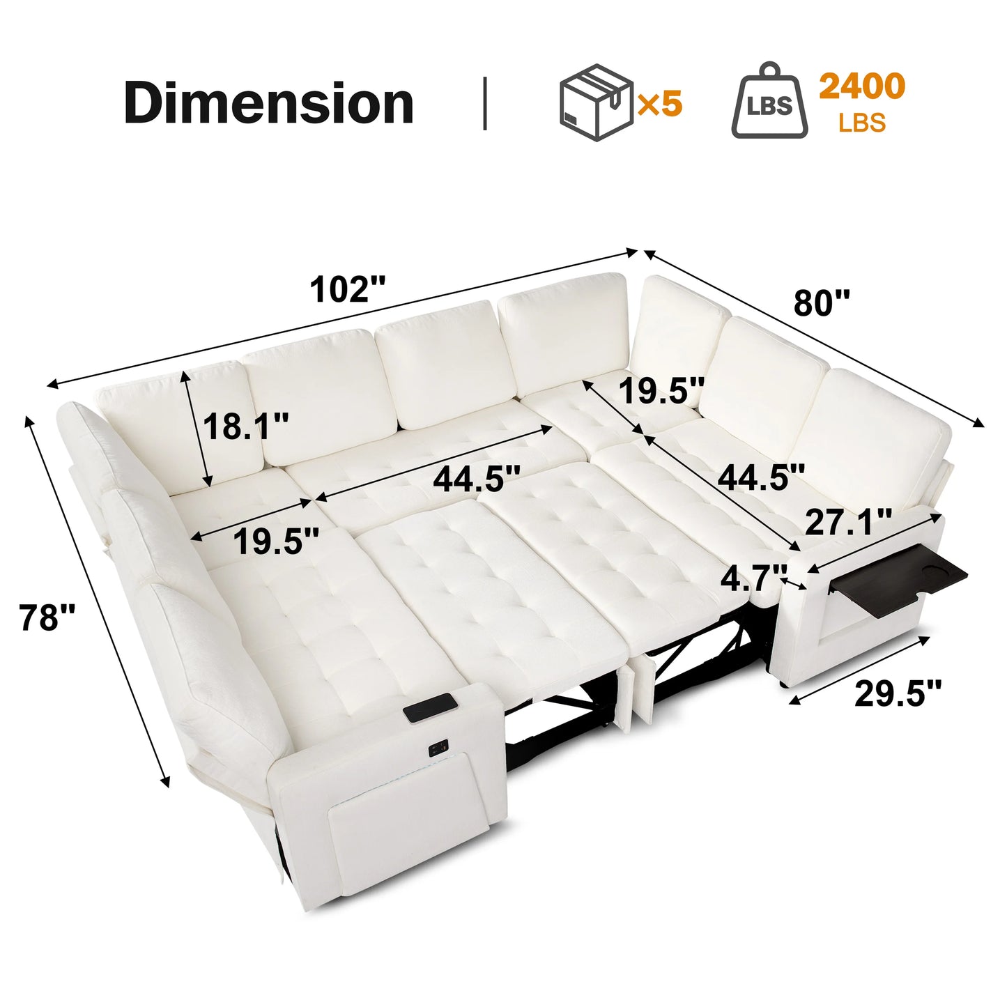 U Shaped Modular Sectional Sofa With Pull Out Bed Reclining Backrest USB Ports LED Light Storage