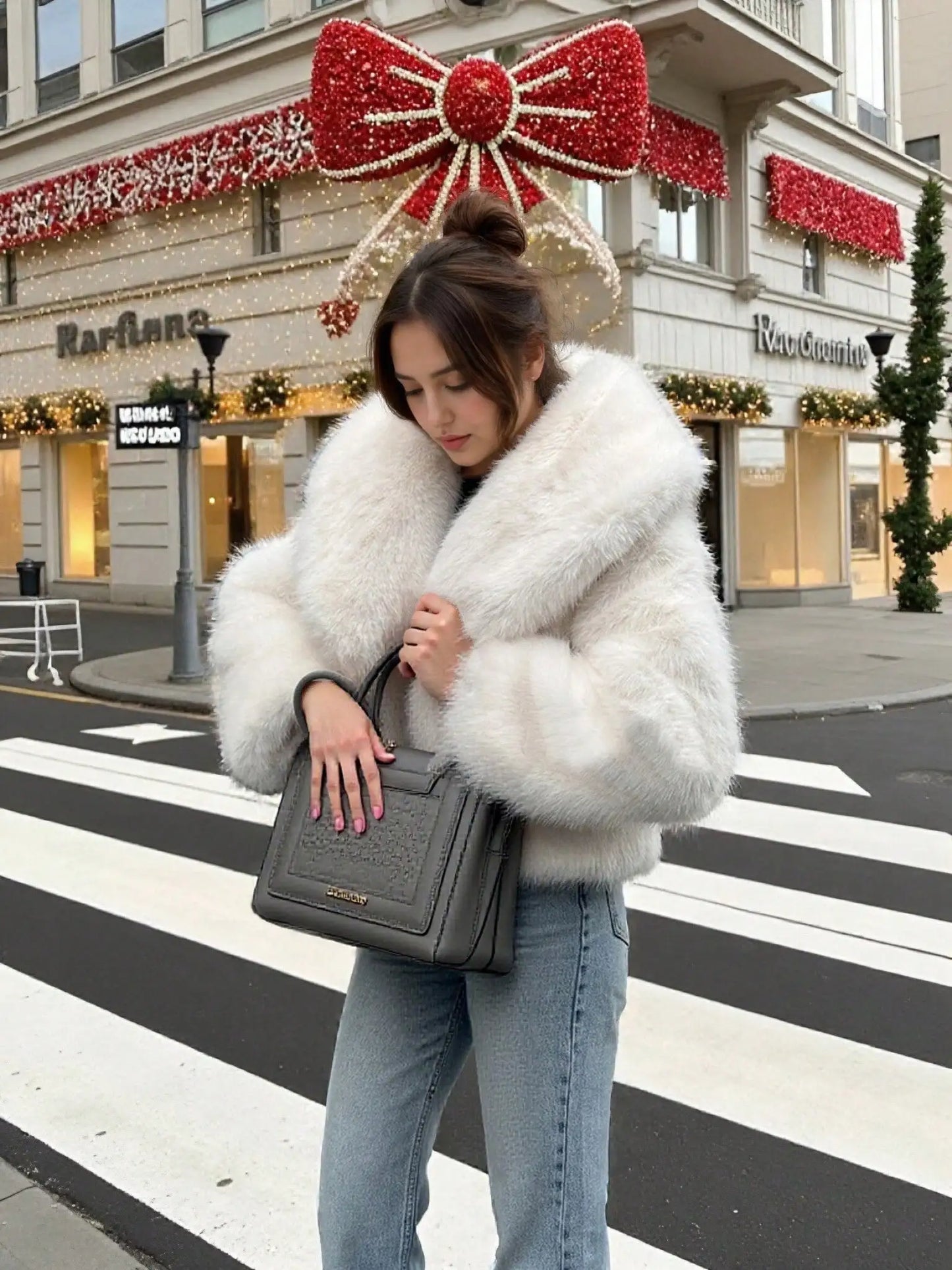 Faux Fox Fur Short Jacket for Women, Winter Warm Cozy Coat with Plush Collar, Fashionable Street Style