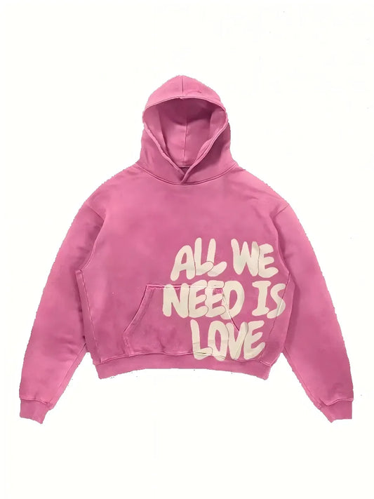 Women Pink Hoodies All We Need Is Money Letter Print Y2K Loose Hip Hop Street Hooded Sweatshirt Unisex