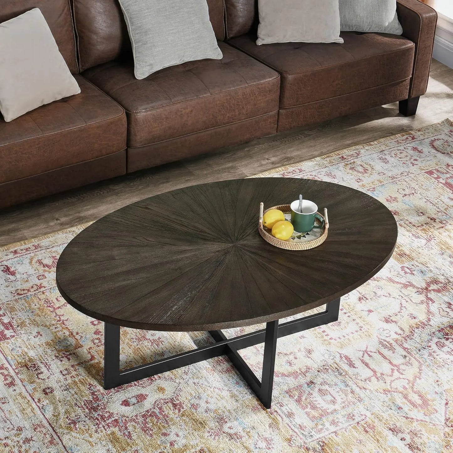 Solid Wood Oval Coffee Table With Cross Metal Legs