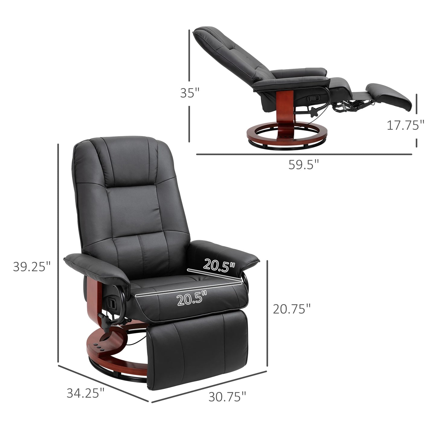 HOMCOM Faux Leather Reclining Swivel Lounge Chair With Wooden Base