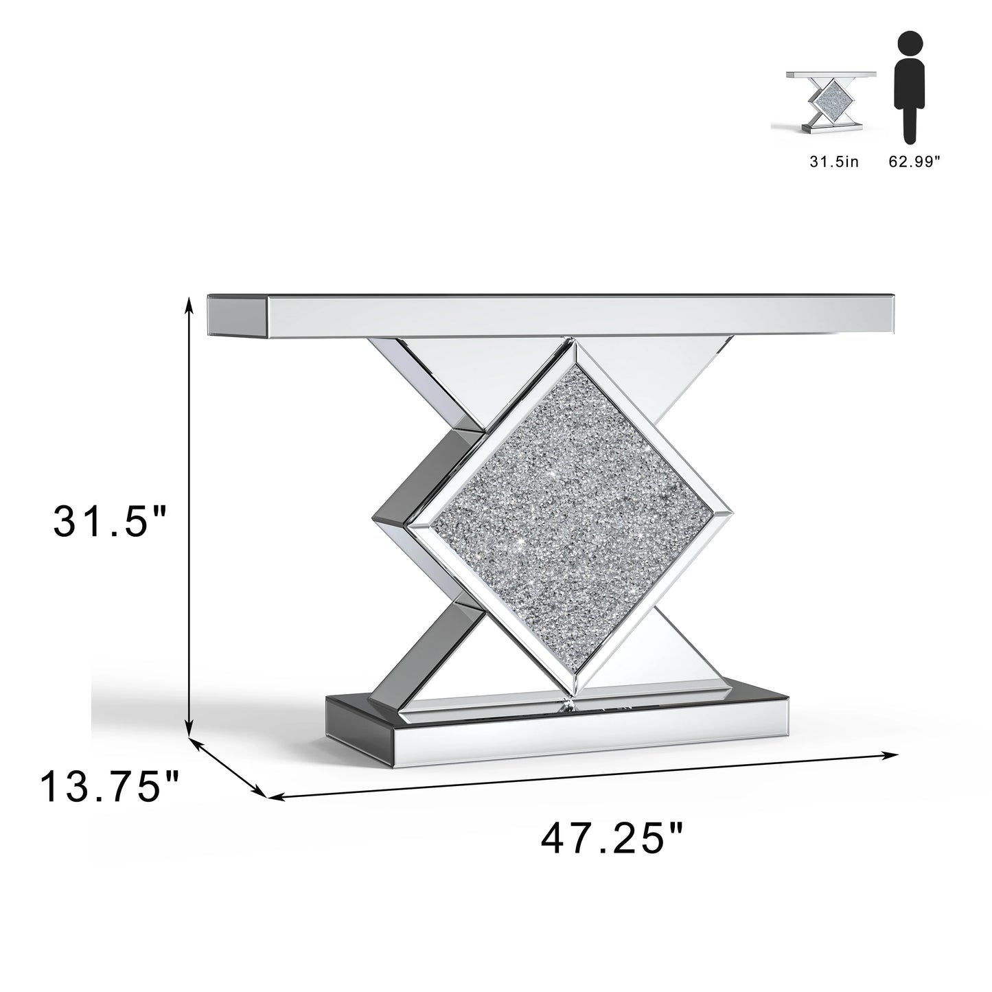 SHYFOY CrystalAccented Mirrored Console Table Diamond Shaped Narrow Sofa LuxuriouslyCrafted