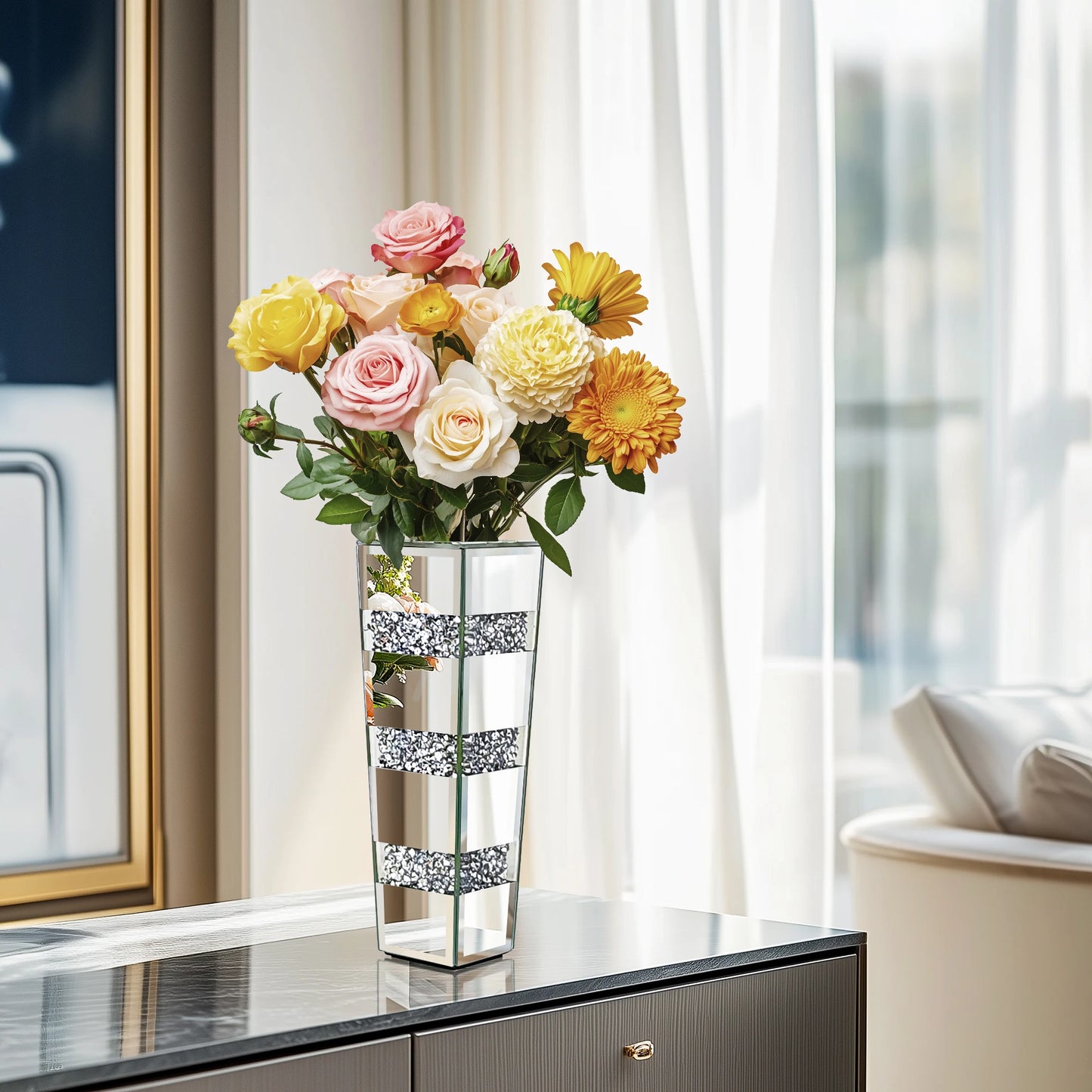 Floor Vase With Crushed Diamond Mirror Glass For Modern Crystal Centerpiece And Decor