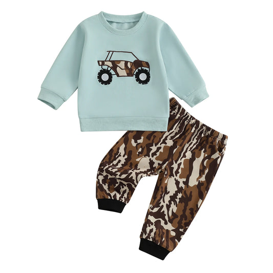 Baby Boy Autumn Construction Truck Applique 2 Piece Knit Sweater And Jogger Set Unisex