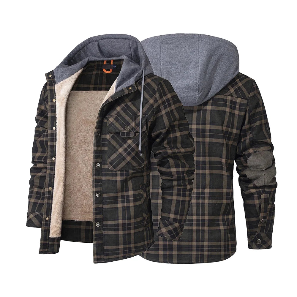Fujian Men Winter Hooded Plaid Sherpa Lined Jacket