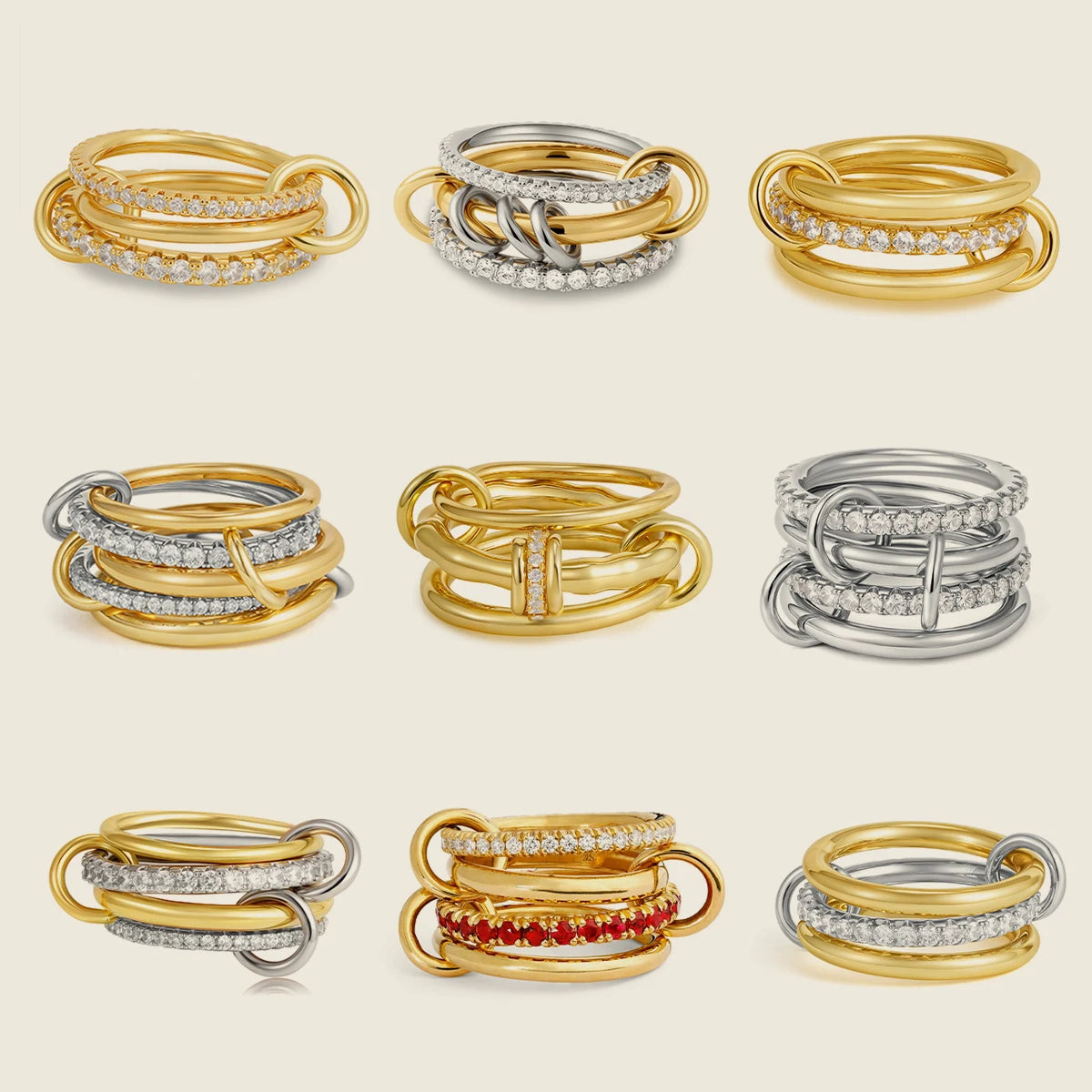 Fashion Luxury Cubic Zirconia Gold Plated Multilayer Connecting Rings Set for Women Mixed Color Stackable Finger Ring Jewelry fo