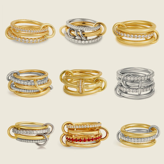 Fashion Luxury Cubic Zirconia Gold Plated Multilayer Connecting Rings Set for Women Mixed Color Stackable Finger Ring Jewelry fo