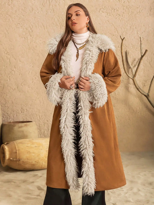 Bohemian Brown Fuzzy Winter Jacket with White Fur Trim for Plus Size Women