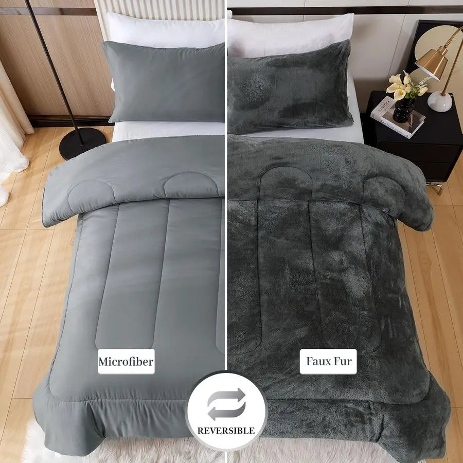 Faux Fur Comforter Set 100 Percent Cotton Ultra Soft Plush Bedding for Winter Cozy All Season
