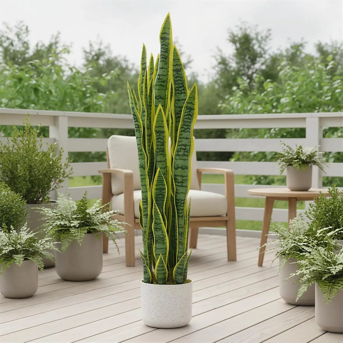 HiMISSCN Artificial Sansevieria Snake Plant In White Planter For Modern Home Office Decor No Maintenance