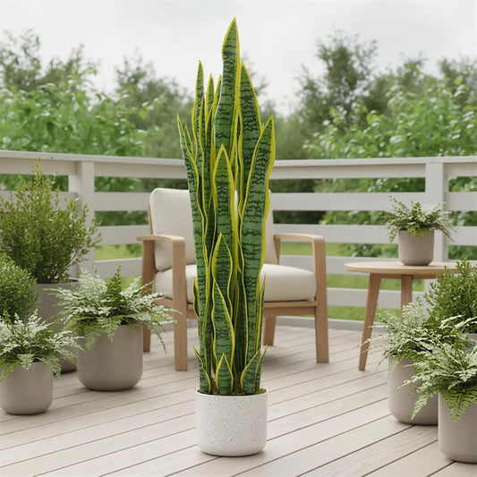HiMISSCN Artificial Sansevieria Snake Plant In White Planter For Modern Home Office Decor No Maintenance