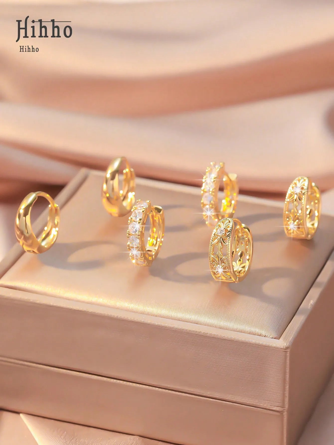 3 Pairs Gold Tone Hoop Earrings: Smooth, Zirconia-Embellished & Vintage Floral Cut-Out Designs