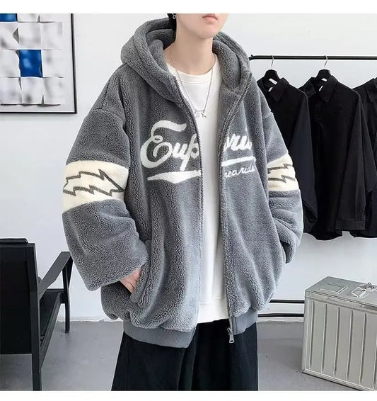 Autumn Winter Men's Jacket Trendy Youth Fleece Lined Cotton Coat Oversize Lamb Fur Hooded Jacket Loose Fit