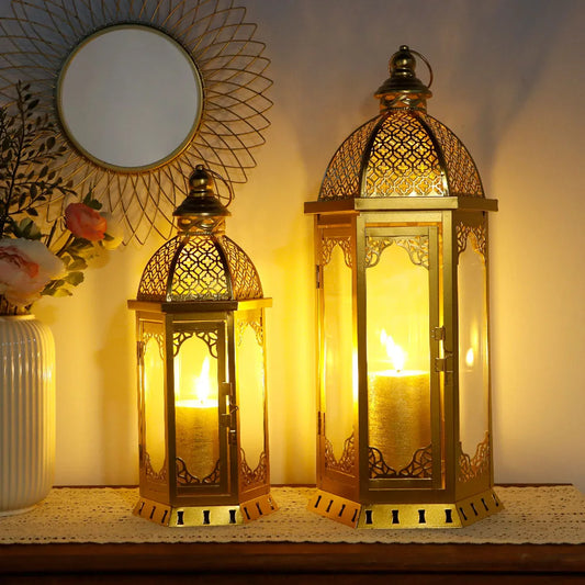 Newimage Set of 2 Vintage Metal Candle Lanterns in Gold for Classic Home Decor Accent