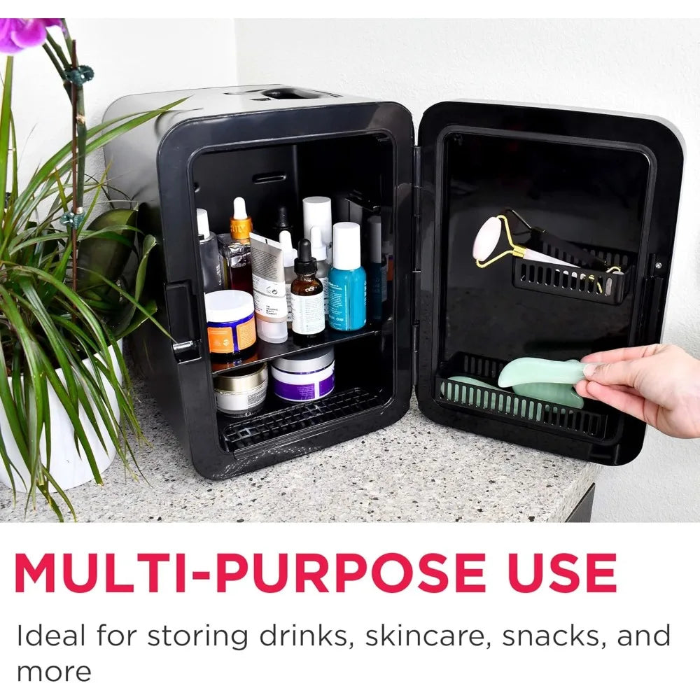 Mini Personal Fridge Cooler, Countertop, Holds Up to 10L/15 Cans, Brushed Black StainlRugged Design, Portable for Skincare