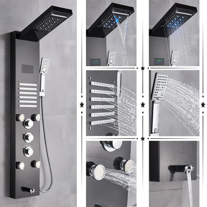 Uythner HighIntensityLED Shower Panel System With Rainfall Massage Temperature Display