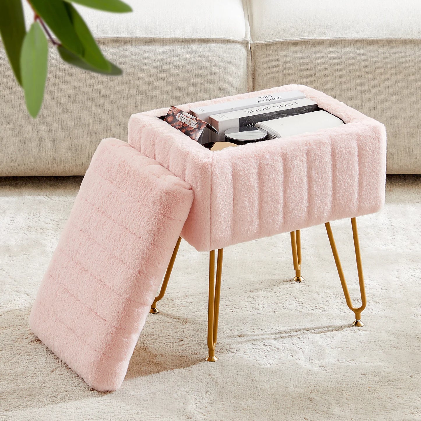 JHK Faux Fur Hidden Storage Stool Ottoman With 4 Metal Legs And Anti Slip Feet Padded For Home Use