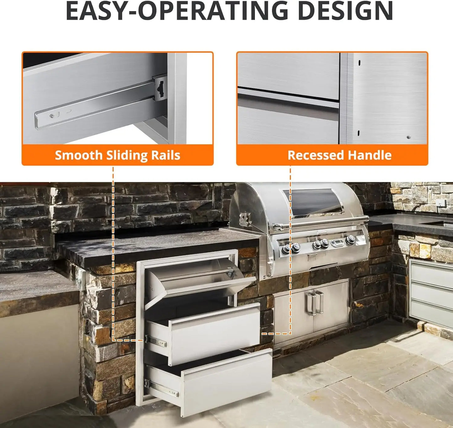 Studyset Stainless Steel Outdoor Kitchen Drawers With Paper Towel Holder 3 Layer Flush Mount