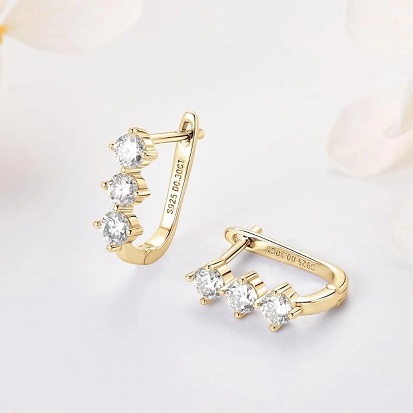 Sterling Silver Moissanite Hoop Earrings With Triple Stones