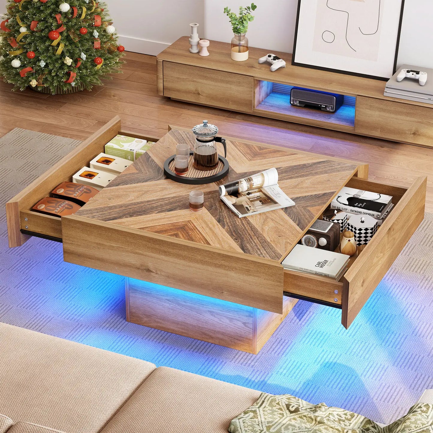 Square LED Coffee Table With Two Drawers, Modern Living Room Center Table With App Controlled LED Lighting