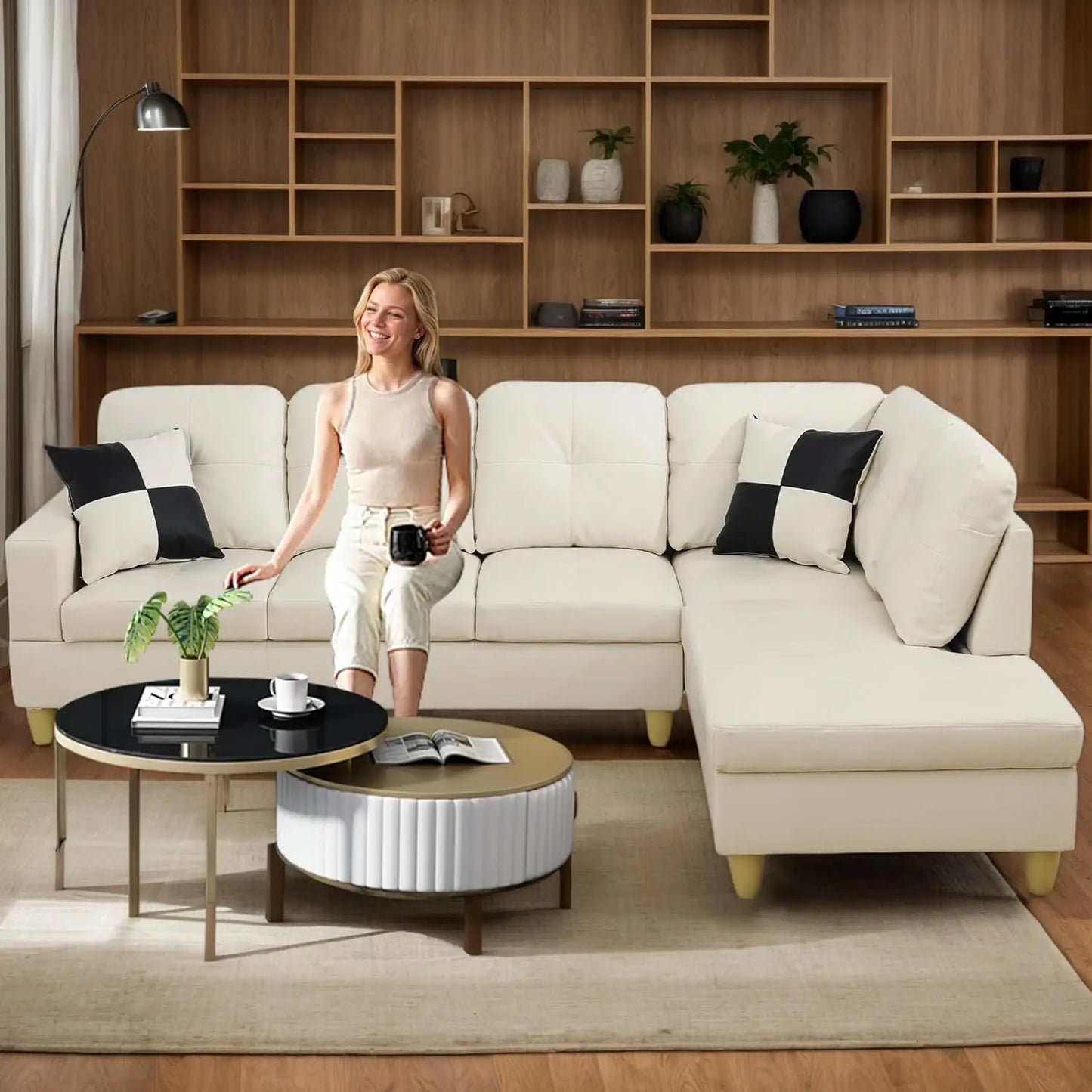 L-Shaped Modern Synthetic Leather Sofa Set for Living Room