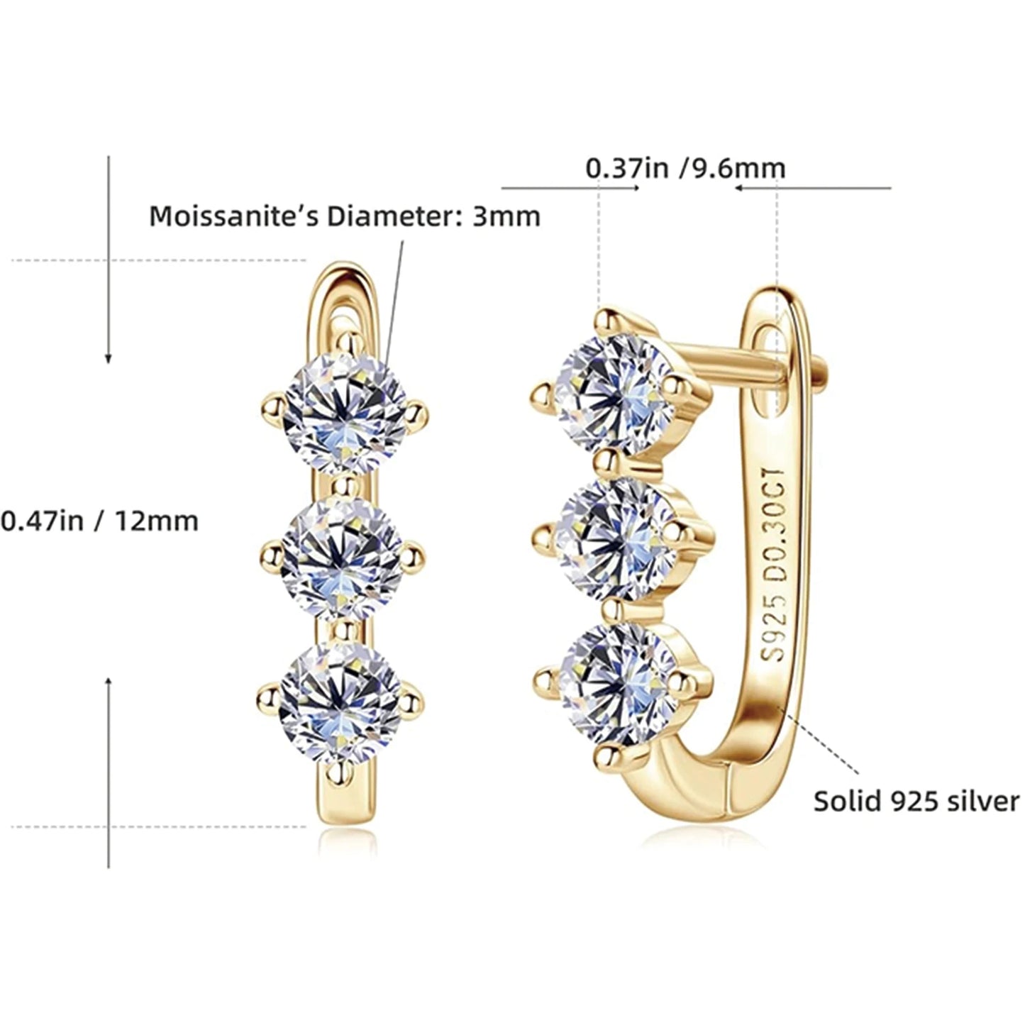 Sterling Silver Moissanite Hoop Earrings With Triple Stones