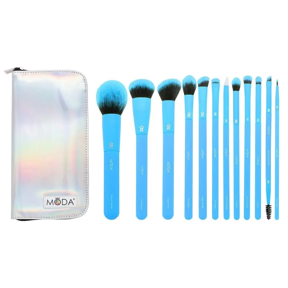 Electric Neon Blue Makeup Brush Kit – 13pc Vibrant Brush Set for Face & Eyes with Zip Case