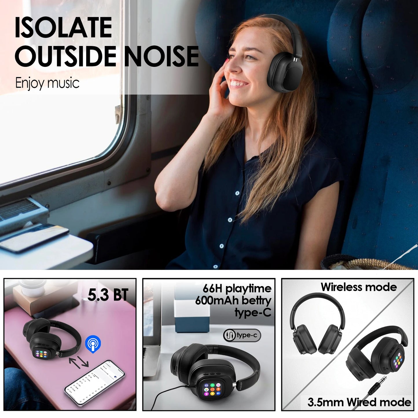 Siindoo ANC930Plus Hybrid Wireless Headphones With Touch Controls