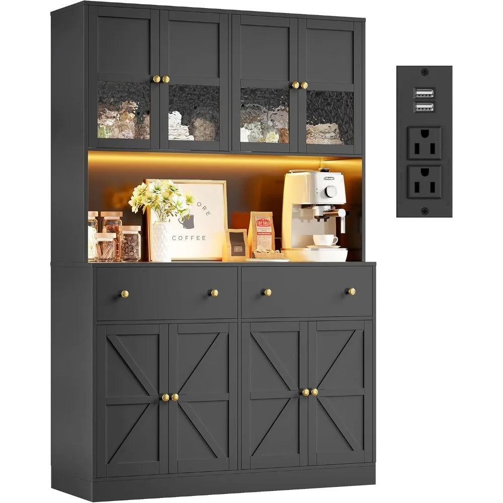 Farmhouse Pantry With LED Lighting Charging Station And Microwave Mount