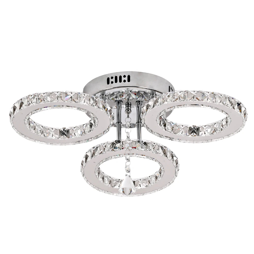 GreeLustr Crystal Chandelier Ceiling Lamp 3 Rings Chrome Pendant Light Modern Flush Mount for Bedroom