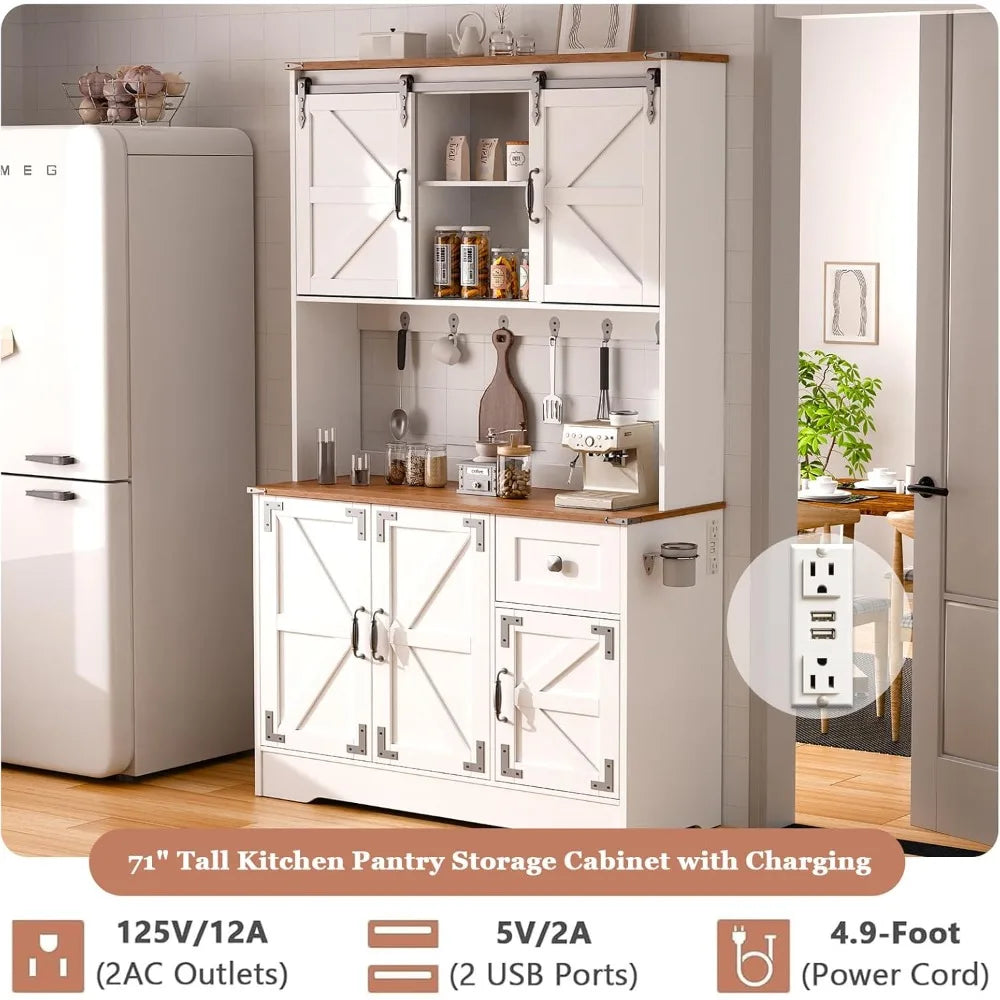 Pantry Cabinet With Charging Station And Microwave Stand Farmhouse Hutch