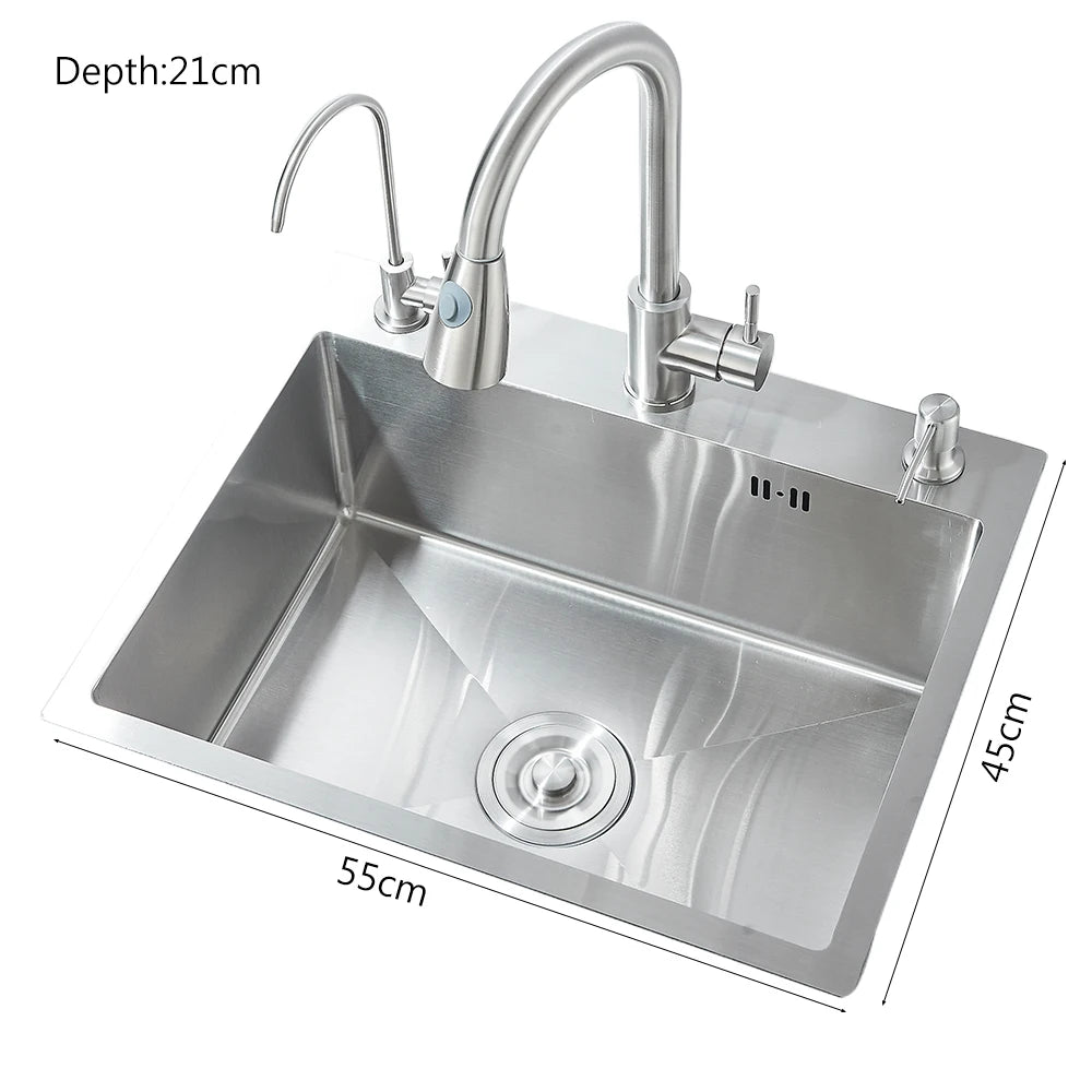 Stainless Steel Kitchen Sink with Faucet Drinking Water Tap/Soap Dispenser 55x45cm Sink Kit with Drain Set/ Basket