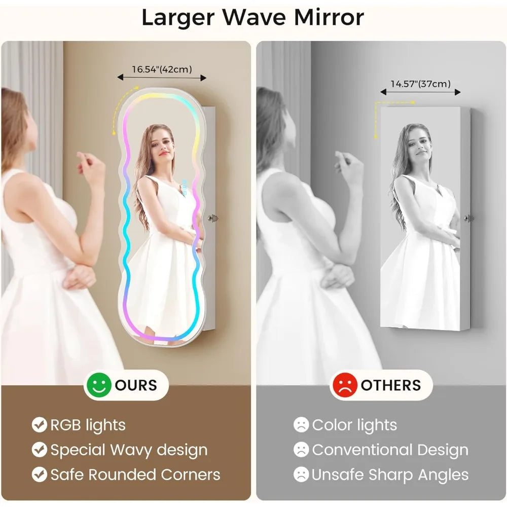 RGB Lighted Mirror Jewelry Cabinet Wall Or Door Mount Storage