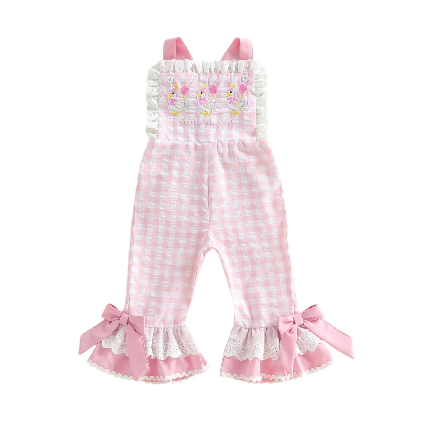 Girls Jumpsuit With IntricatelyDetailed Checkered Embroidered Goose Motif Everyday Wear