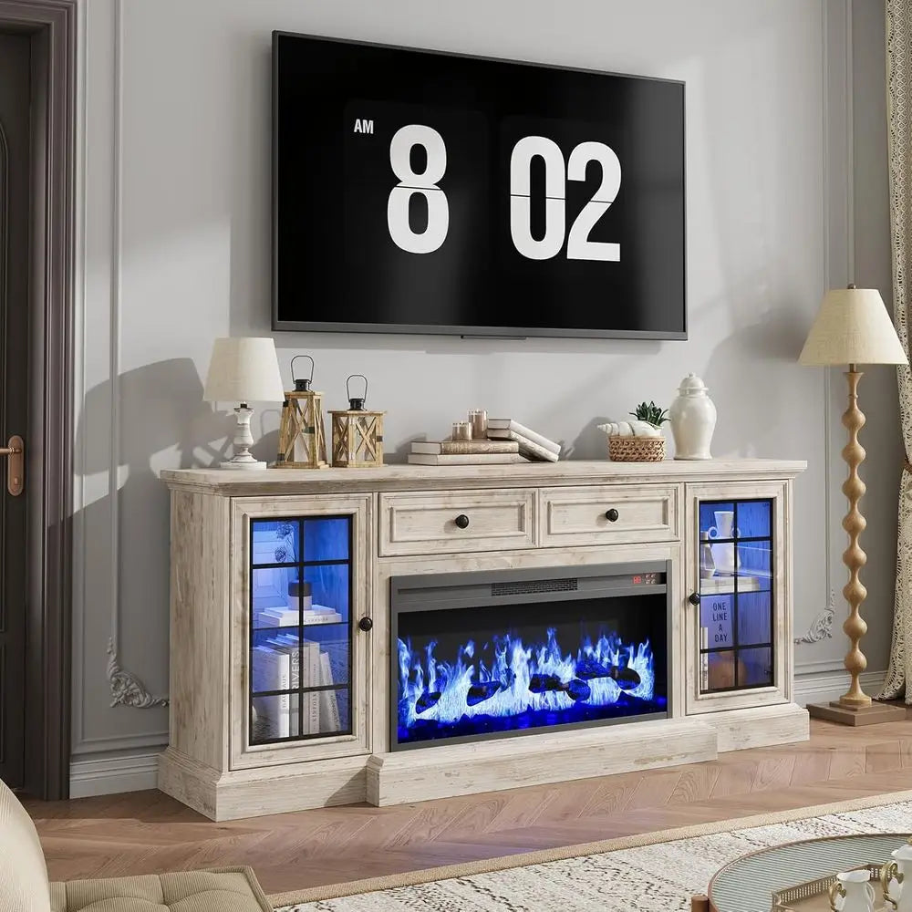 ZHUXIANG Modern Farmhouse TV Stand and Entertainment Center With Electric Fireplace And LED Lighting