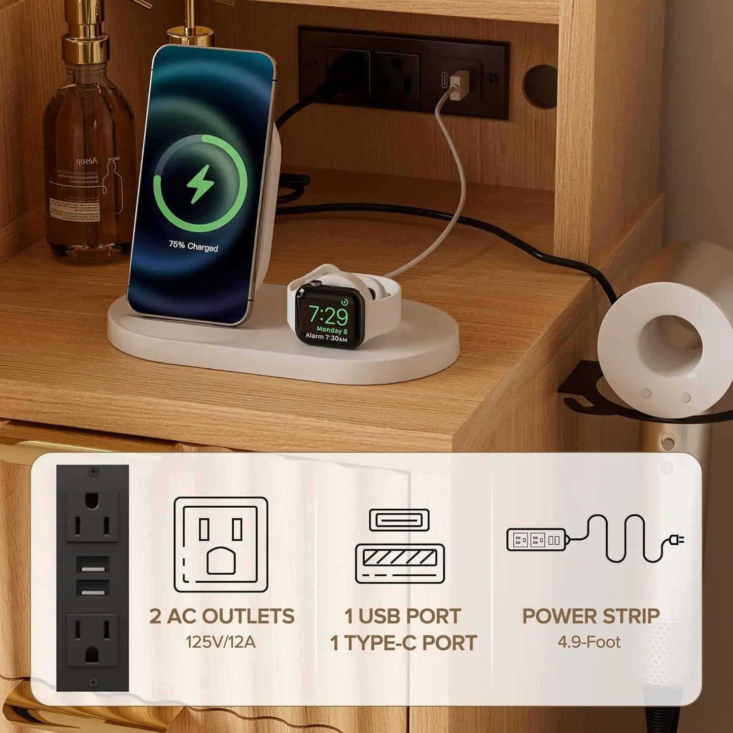 48" Fluted Makeup Vanity Desk with 36" Mirror and Light,Glass Top Wooden Vanity Table with Charging Station,5, Customized