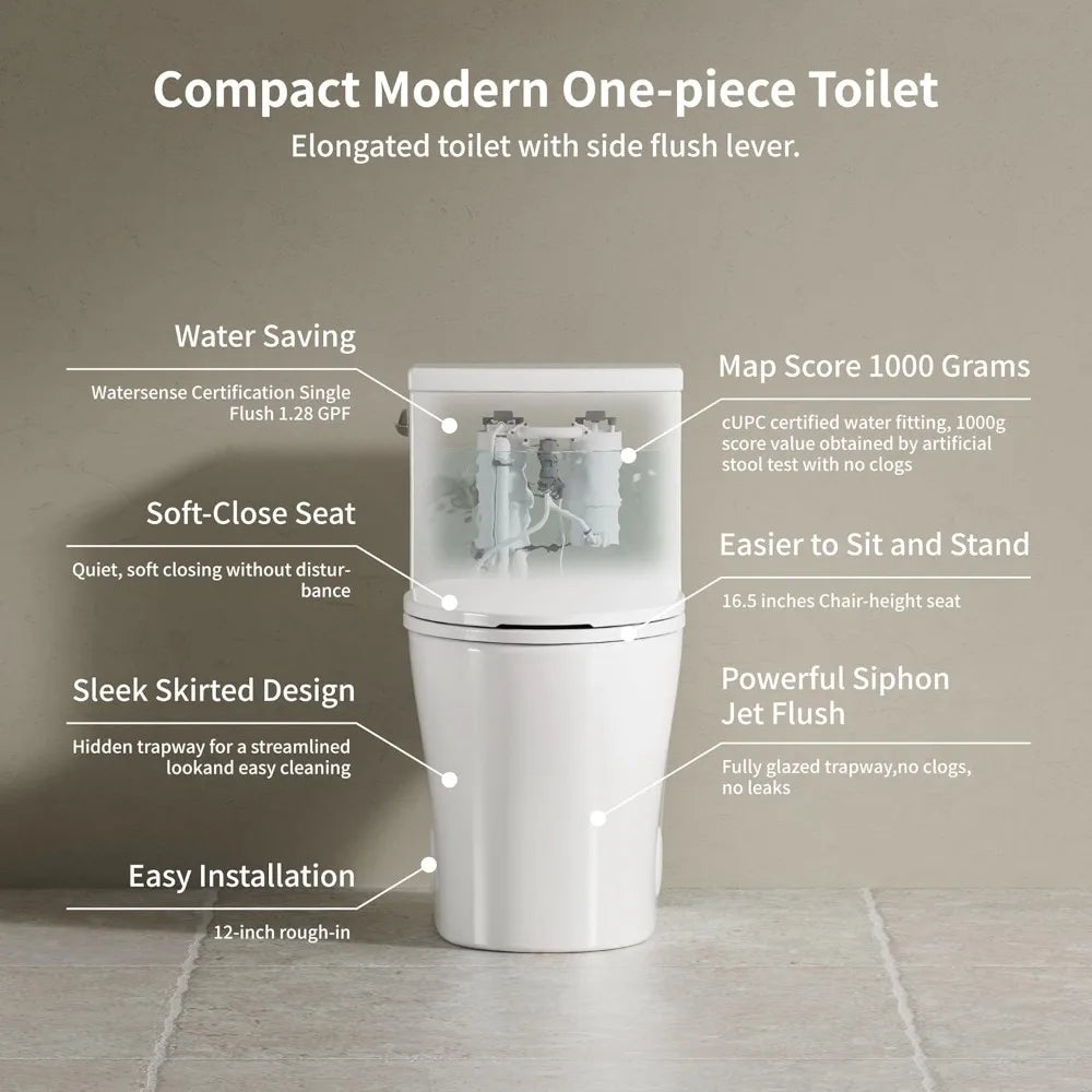 One Piece Elongated Toilet With Powerful Dual-Flush Cyclone Flushing 1.28 GPF Ceramic